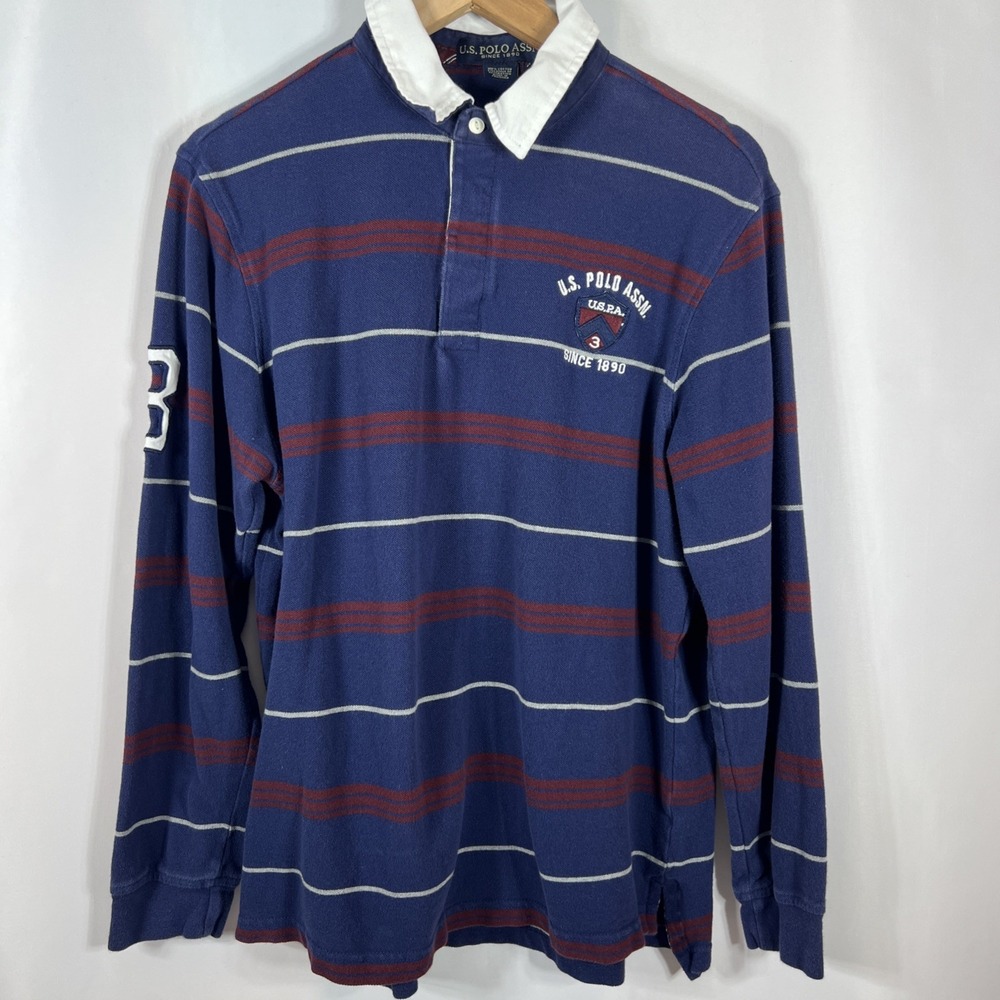 U.S. Polo Assn. Red, White, & Blue Striped Long Sleeve Polo Shirt Size‎ Large